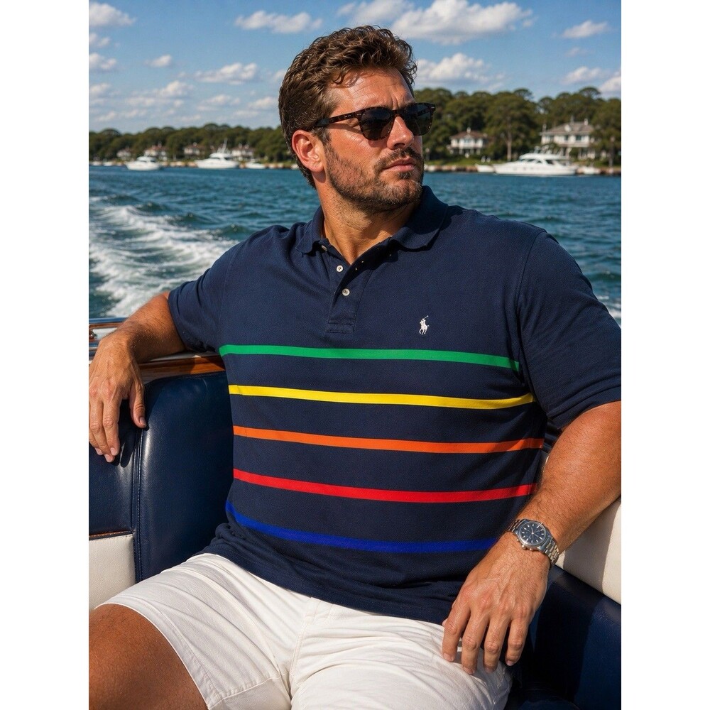 Polo Ralph Lauren Polo Shirt Mens 3XB Navy Multicolor Striped Big Tall Preppy